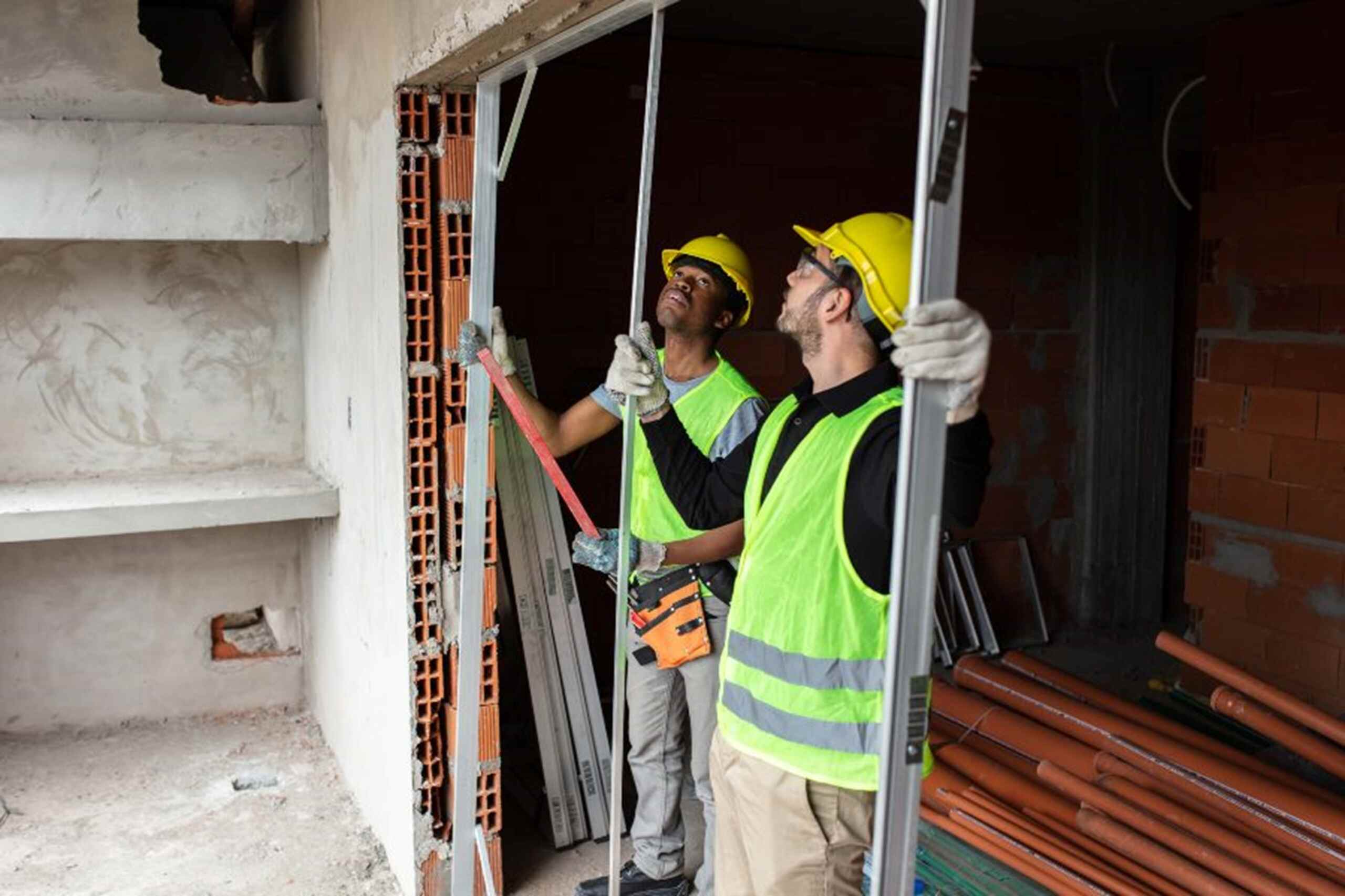 A group of men wearing safety vests and helmets