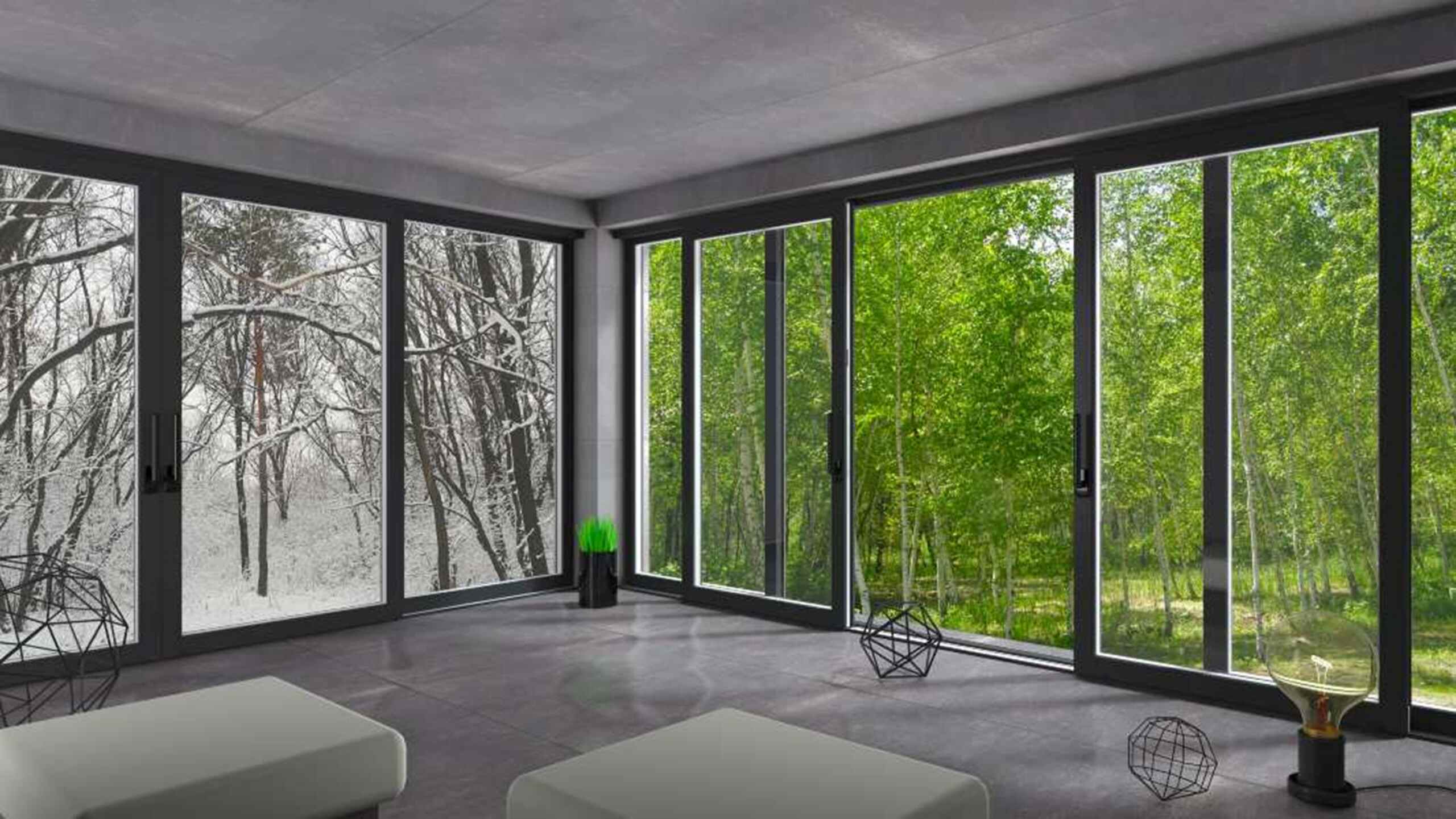 A room with glass doors and trees outside