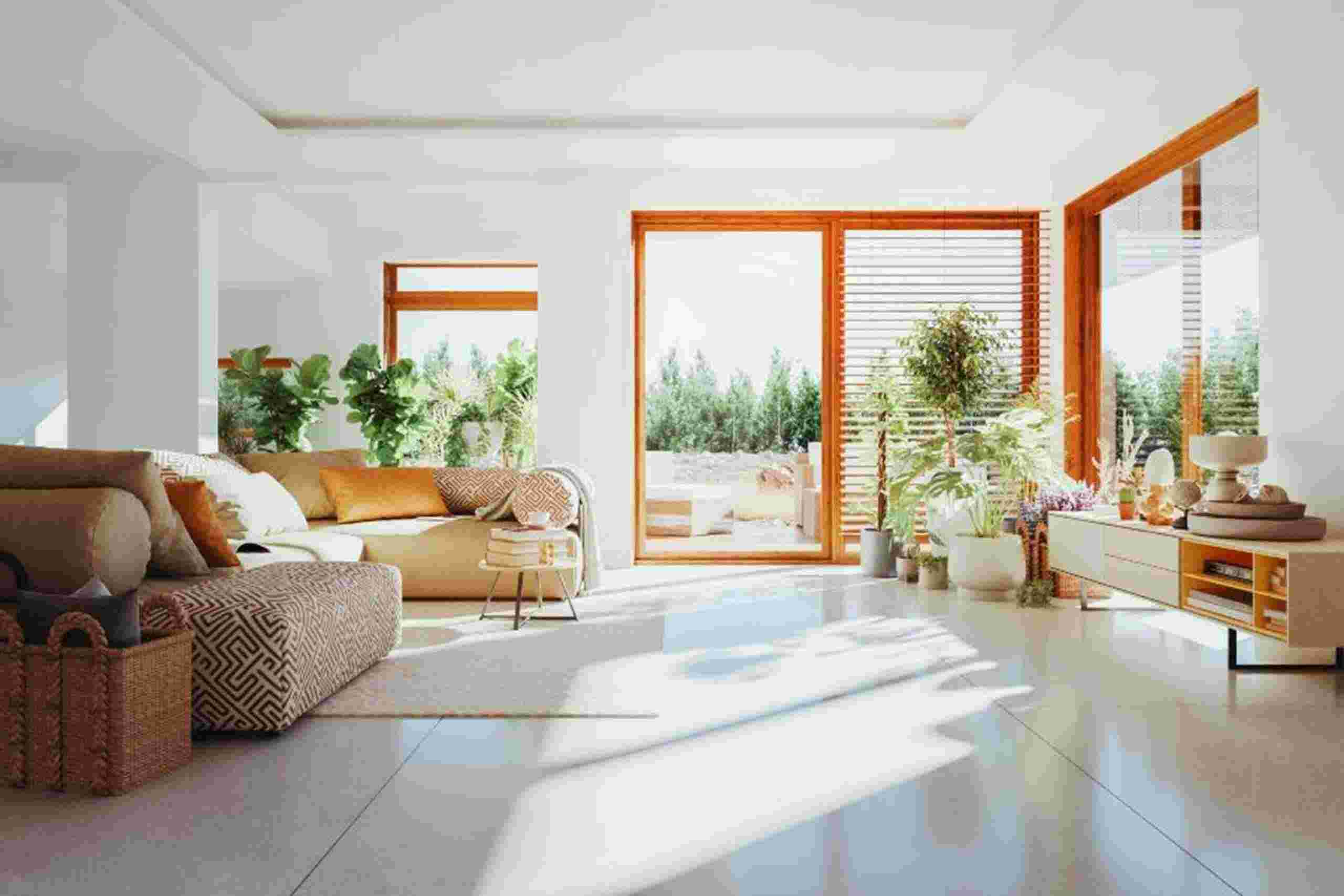 A tidy living room featuring white walls and flooring, with wooden window frames in Columbus, OH.