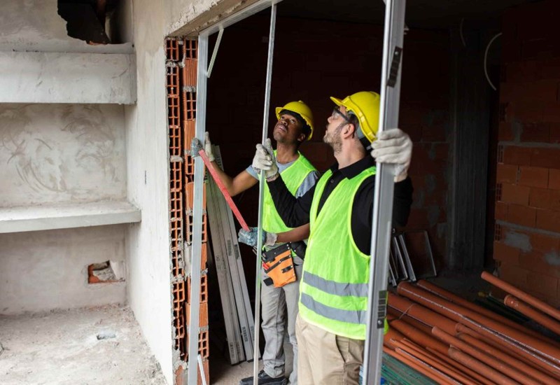 Construction workers in Columbus, Ohio, are wearing safety vests and helmets while installing windows at a building site