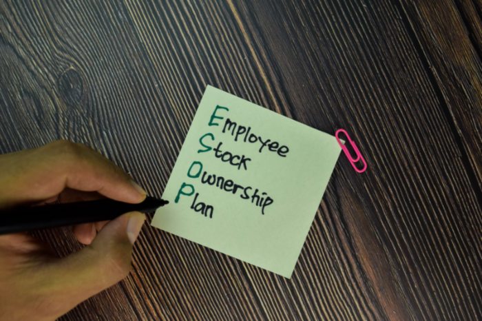 Sticky note labeled Employee Stock Ownership Plan