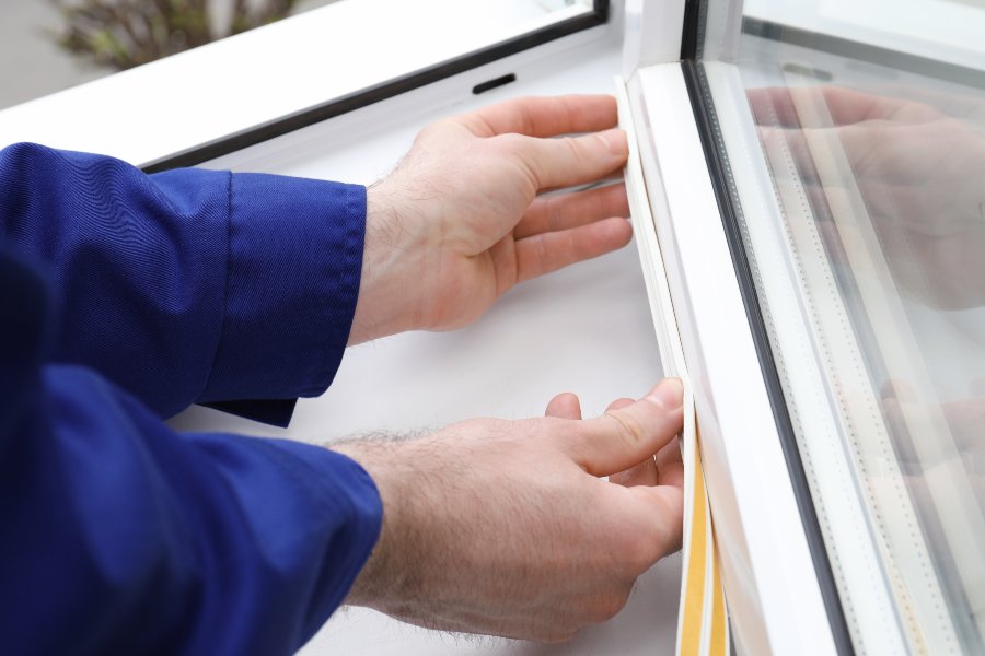 Technician installing warm-edge window spacer tape